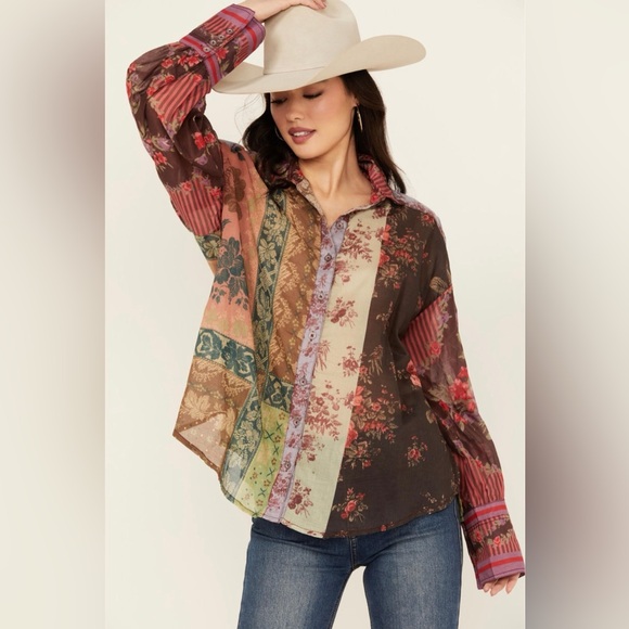 Free People We The Free Patchwork Floral Button Down Blouse Boho Cottagecore  XS - Picture 2 of 14